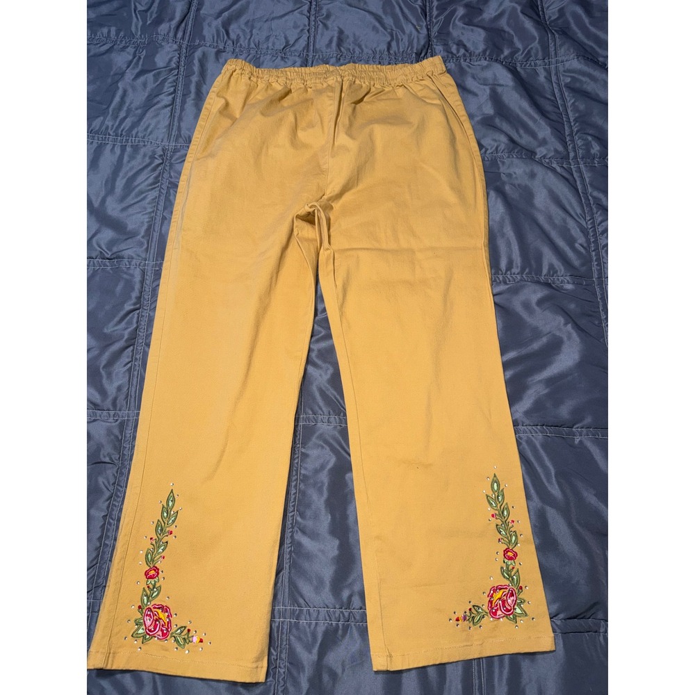 Suzanne Somers Collection Mustard Yellow Floral Embroidered Pants NWT Large
